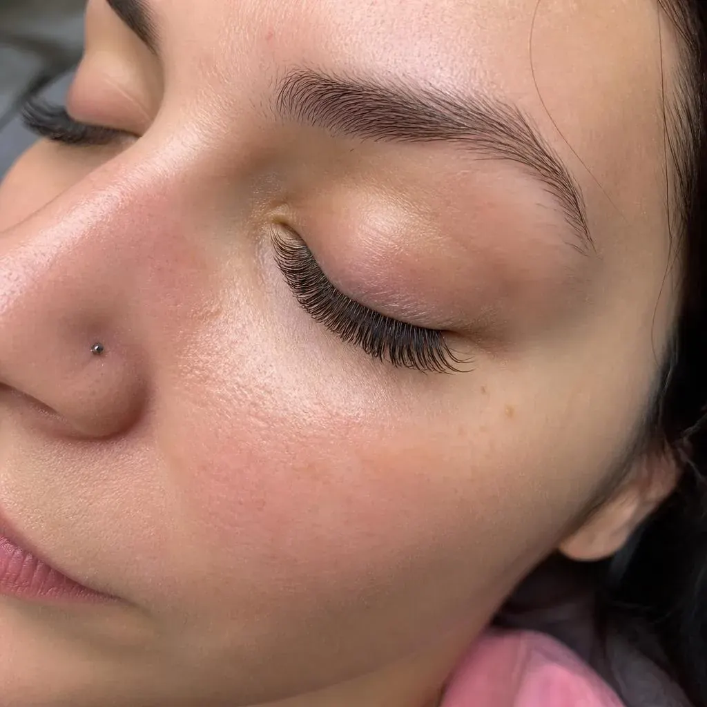 Natural classic lash set on a resting client